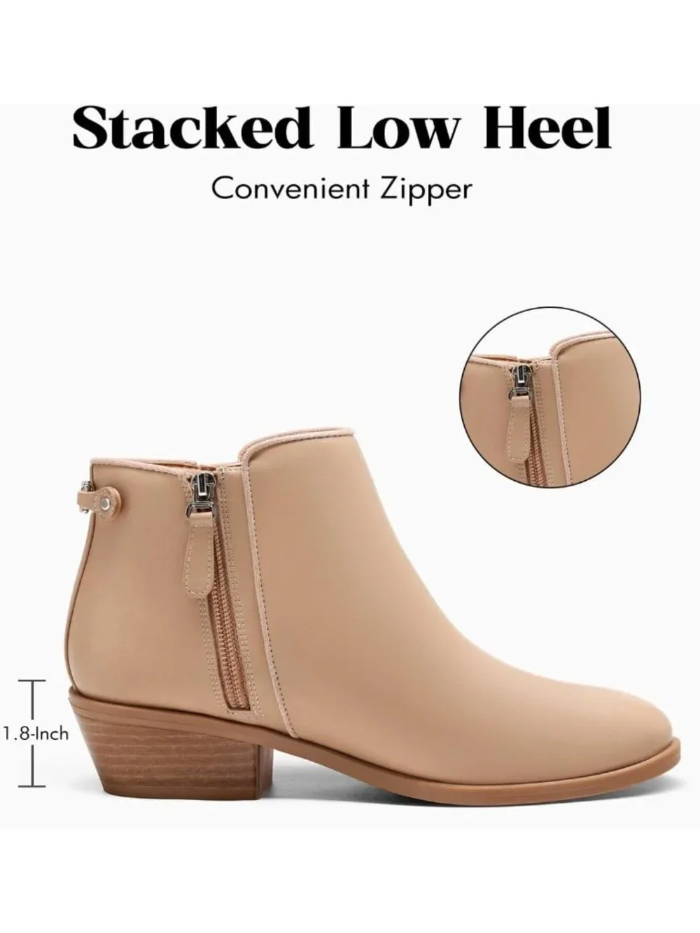 Women's Khaki Chunky Low Heel Side Zipper Fall Dress Pointed Toe Short Boots